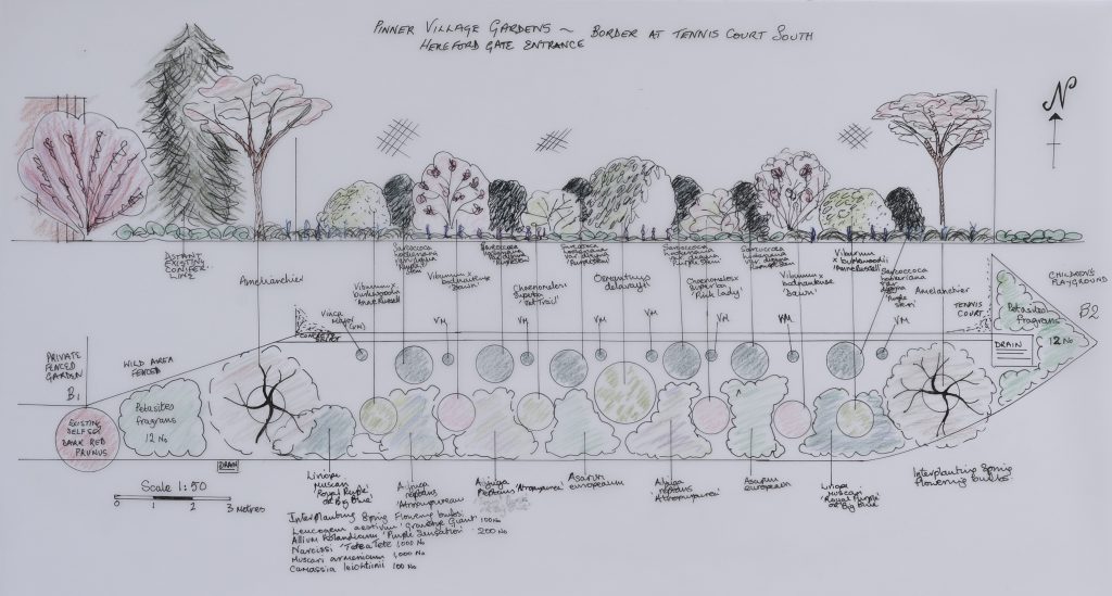 A layout of planting near the hereford gardens entrance